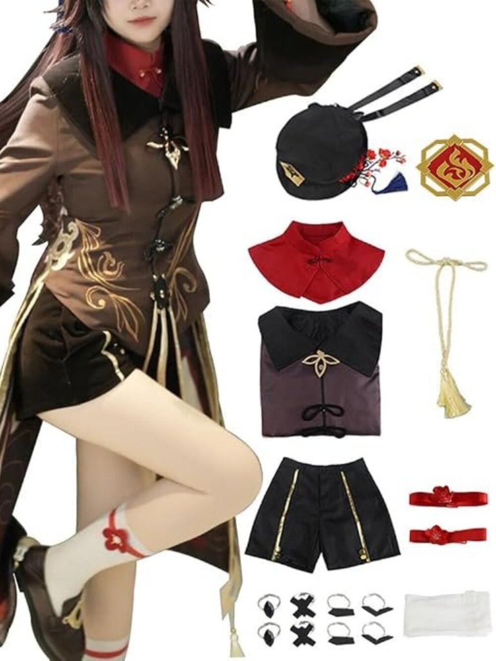 TMSREBU Hu Tao Cosplay Costume Halloween Outfit with Hat for Women Size Medium